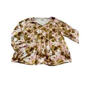 Westbound Woman Brown Pink Floral Long Sleeve V-Neck Top Women's Size 3X